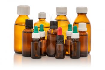 Set collection row of various brown medicine bottles without labels, isolated on white  background