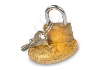Gold bitcoin with padlock on white background. Cryptocurrency security concept.