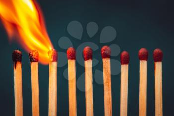 Burning matches isolated in dark background. Fire styling. Burning match setting fire to its neighbors, a metaphor for ideas and inspiration