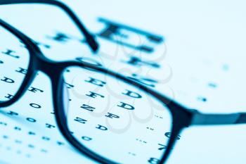 Eye glasses on a eye sight test chart. Selective focus on one of letter.