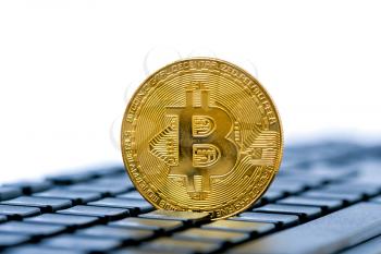 Golden bitcoin on keyboard, copy space. Virtual money and mining cryptocurrency concept