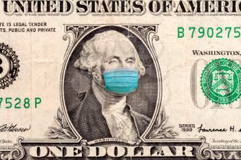  ONE Dollar money bill with George Washington wearing healthcare surgical mask. Coronavirus in United States quarantine and global recession. Global economy hit by Covid 19.