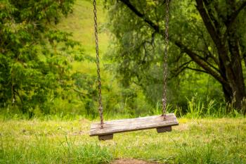 Abandoned swing on a park on a summer day