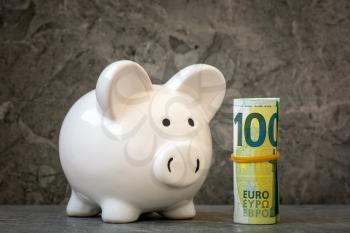 Piggy bank stands close to the hundred Euros roll. Financial savings concept.