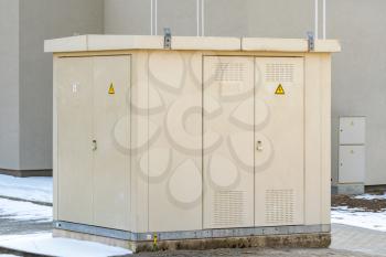 Outdoor electric control box in the city. Outdoor High voltage electrical boxes.
