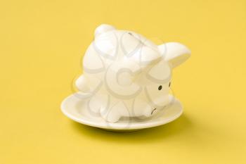 Savings consumer concept. White plate with piggy bank on yellow background