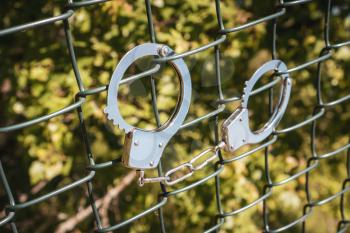 Handcuffs hanging on the fence with nature background. Selective focus.