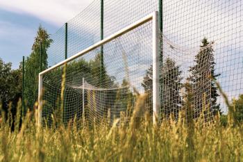 Uncut grass on the on the football stadium with empty goals. Low angle view.