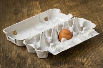 One brown egg in a cardboard egg carton on wooden background