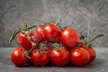 Rotten group of tomato on grey stone background