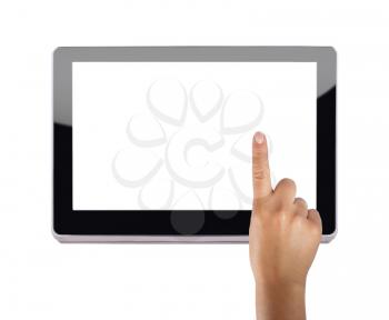Modern tablet device over white background with index finger touching screen
