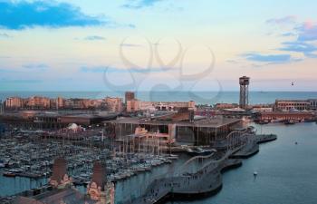 Aerial view to Barcelona yacht port in evening