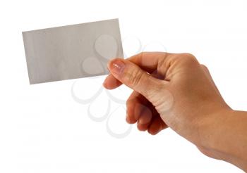 Hand showing the card on white
