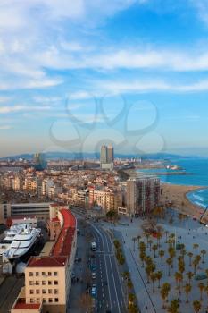 Barceloneta aerial view in evening time. Barcelona, Spain