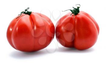 Two red classic tomatoes on the white background