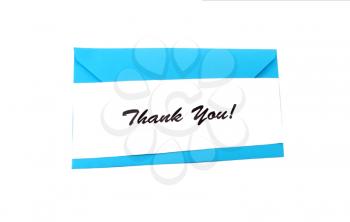 Thank You! card on blue envelope isolated on white