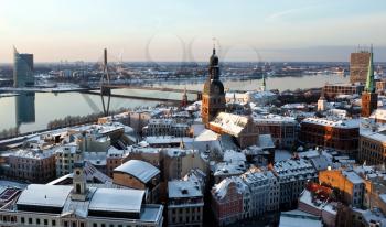 Old city of Riga aerial view from Saint Peter church at the winter evening
