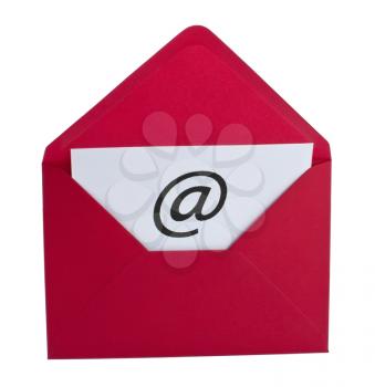 Email symbol in red envelope isolated on white