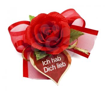 Red rose with card-Ich hab Dich lieb, I love you!