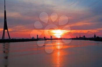 Riga city at the sunset time