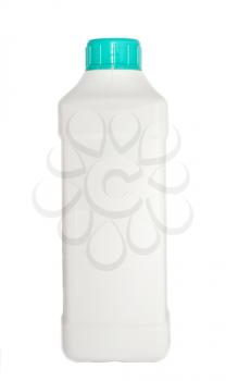 Empty plastic bottle with green stopper isolated on white background