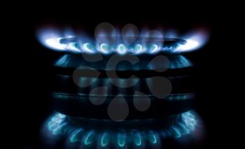 Blue gas flame on the black background