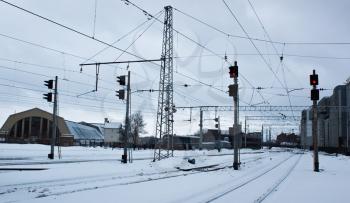 Railway station and traffic lights in winter