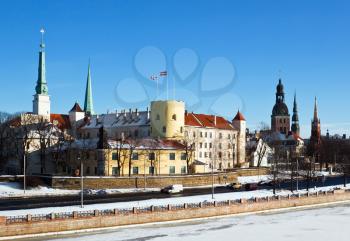 View to the president castle and other famous buildings in winter Riga 