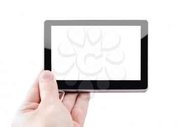 Modern tablet device in hand over white background