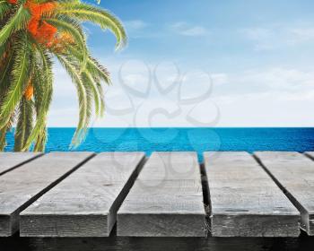 Picnic table on sunny day near sea with palm tree
