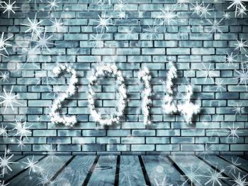 Wall from frozen bricks and wooden floor with 2014 sign from snowflakes