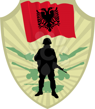Royalty Free Clipart Image of an Albanian Flag Shield and Soldier