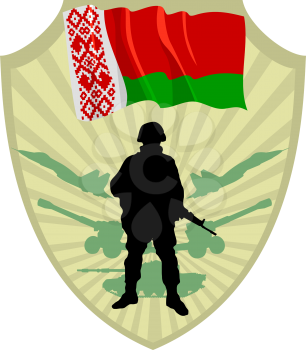 Royalty Free Clipart Image of a Crest with a Belarus Flag and Soldier