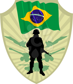 Royalty Free Clipart Image of a Crest of Brazil with a Flag and a Soldier