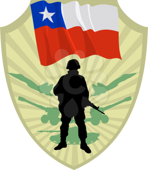 Royalty Free Clipart Image of a Crest with the Flag of Chile and a Soldier