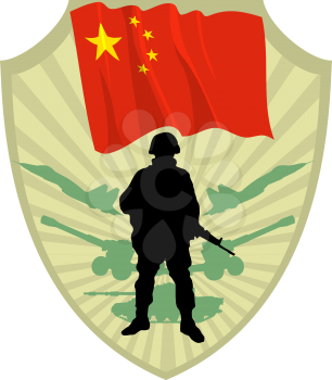 Royalty Free Clipart Image of a Crest of a Flag of China and a Soldier