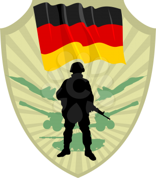 Royalty Free Clipart Image of a Crest and German Flag and a Soldier