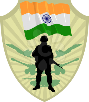 Royalty Free Clipart Image of a Crest of India with a Flag and a Soldier