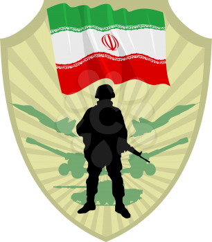 Royalty Free Clipart Image of a Crest of the Iranian Flag and a Soldier