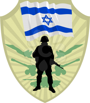 Royalty Free Clipart Image of a Crest of Israel Flag with a Soldier