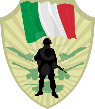 Royalty Free Clipart Image of a Crest of the Flag of Italy with a Soldier