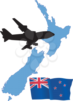 Royalty Free Clipart Image of a Plane Over New Zealand