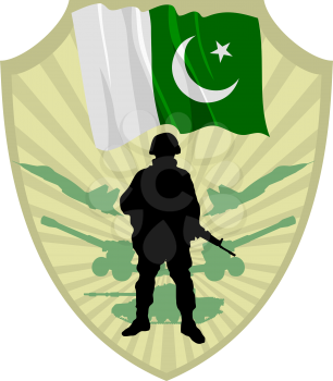 Royalty Free Clipart Image of a Crest with a Soldier and a Pakistan Flag