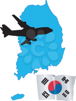 Royalty Free Clipart Image of a Plane Flying Over South Korea