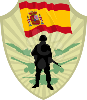 Royalty Free Clipart Image of a Crest With the Spanish Flag and Soldier