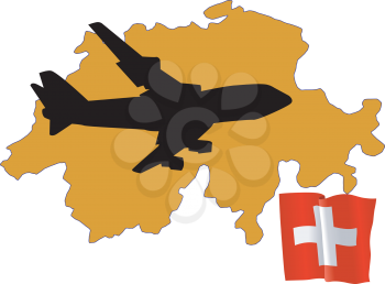 Royalty Free Clipart Image of a Plane Flying Over Switzerland
