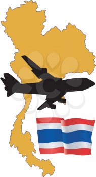 Royalty Free Clipart Image of a Plane Flying Over Thailand