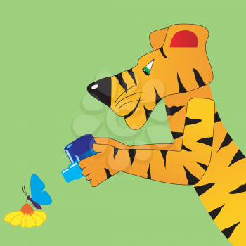 Royalty Free Clipart Image of a Tiger Taking a Picture of a Butterfly