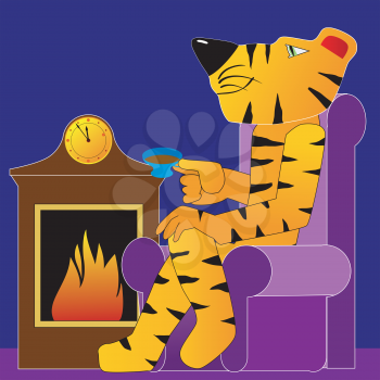 Royalty Free Clipart Image of a Tiger Sitting by a Fireplace
