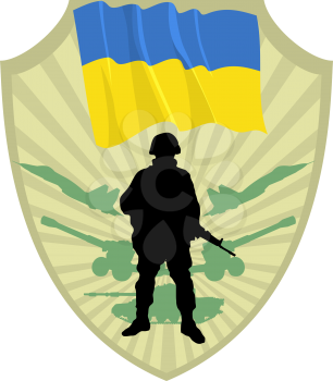 Royalty Free Clipart Image of a Crest of Ukraine and a Flag and Soldier
